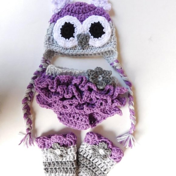 Newborn Handmade Purple Owl Crochet Set Photo Prop - Picture 1 of 2